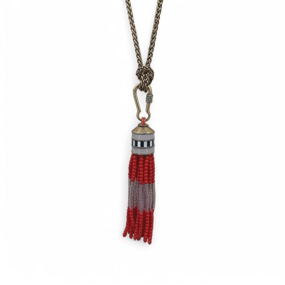 Stella and Dot Retired Brio Necklace Coral Red Beaded Tassel Fancy Chain - Picture 5 of 8